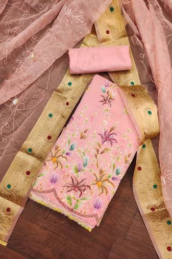 Pink color embroidered organja unstitched dress material