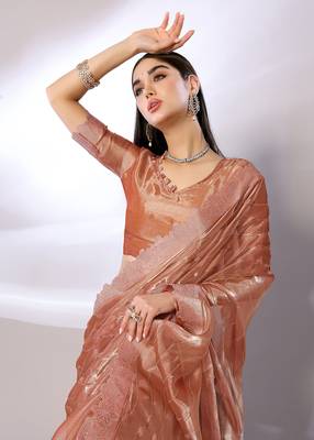 Orange Embroidered Chiffon Designer Saree With Blouse 4