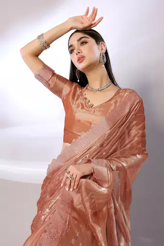 Orange Embroidered Chiffon Designer Saree With Blouse