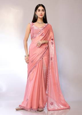 Peach Embroidered Chiffon Designer Saree With Blouse 1
