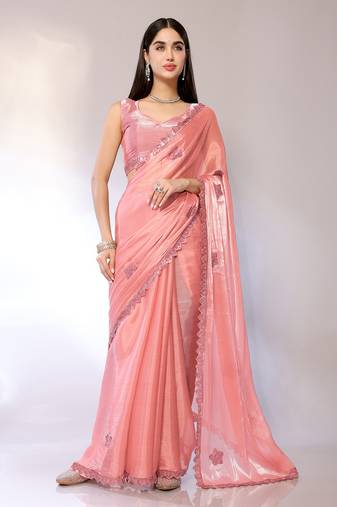 Peach Embroidered Chiffon Designer Saree With Blouse
