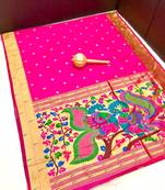 Koram Rani Pink Kanchivaram Silk Pethani And Zari Work Saree With Blouse For Women