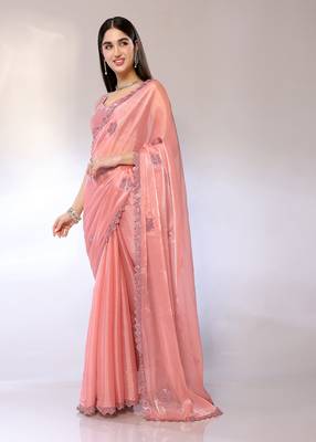 Peach Embroidered Chiffon Designer Saree With Blouse 2