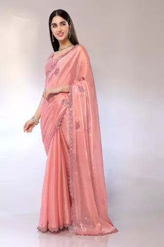Peach Embroidered Chiffon Designer Saree With Blouse