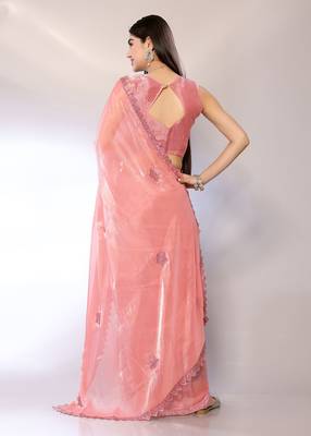 Peach Embroidered Chiffon Designer Saree With Blouse 3