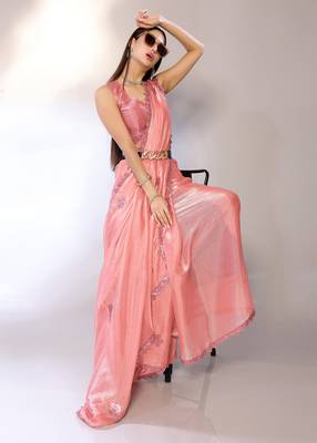 Peach Embroidered Chiffon Designer Saree With Blouse 4