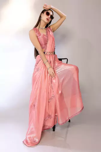Peach Embroidered Chiffon Designer Saree With Blouse