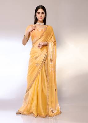 Yellow Embroidered Chiffon Designer Saree With Blouse 1