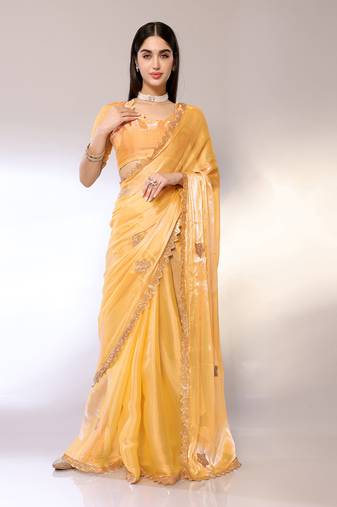 Yellow Embroidered Chiffon Designer Saree With Blouse