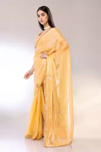 Yellow Embroidered Chiffon Designer Saree With Blouse
