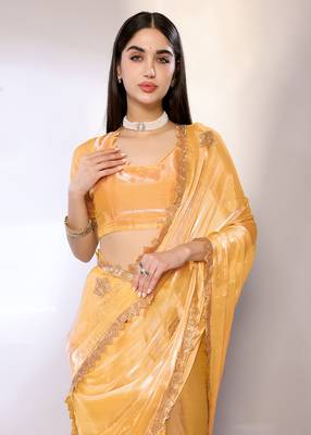 Yellow Embroidered Chiffon Designer Saree With Blouse 4