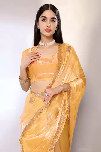 Yellow Embroidered Chiffon Designer Saree With Blouse