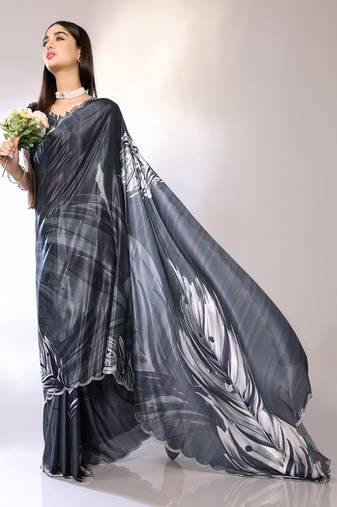 Grey Embroidered Chiffon Designer Saree With Blouse