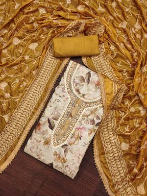Beige color embroidered viscose simar unstitched dress material 1