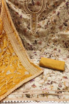 Beige color embroidered viscose simar unstitched dress material 2