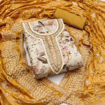 Beige color embroidered viscose simar unstitched dress material 3