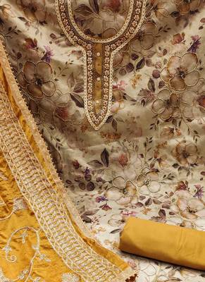 Beige color embroidered viscose simar unstitched dress material 4