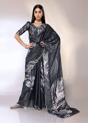 Grey Embroidered Chiffon Designer Saree With Blouse 4