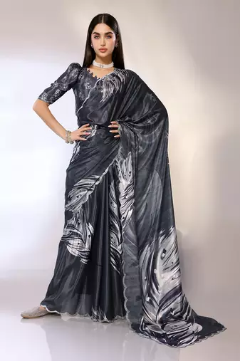 Grey Embroidered Chiffon Designer Saree With Blouse