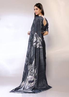 Grey Embroidered Chiffon Designer Saree With Blouse 5