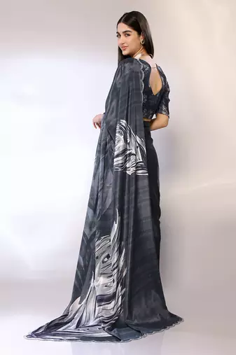 Grey Embroidered Chiffon Designer Saree With Blouse
