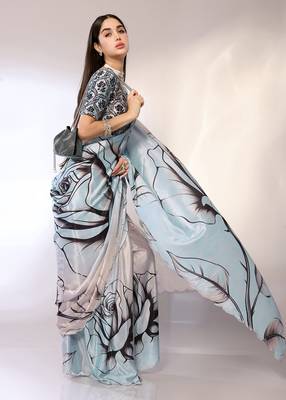 Blue Embroidered Chiffon Designer Saree With Blouse 1