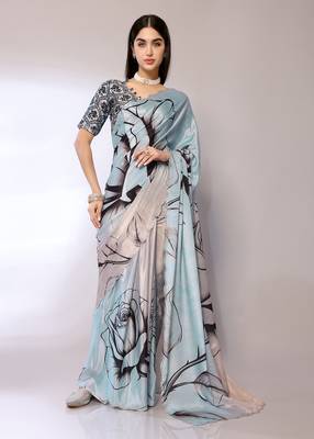 Blue Embroidered Chiffon Designer Saree With Blouse 2
