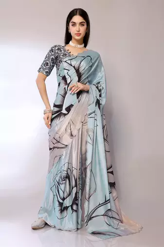 Blue Embroidered Chiffon Designer Saree With Blouse