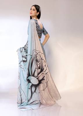 Blue Embroidered Chiffon Designer Saree With Blouse 3