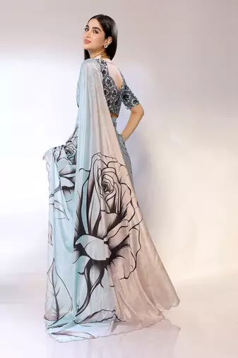 Blue Embroidered Chiffon Designer Saree With Blouse