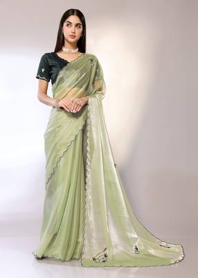 Green Embroidered Chiffon Designer Saree With Blouse 1