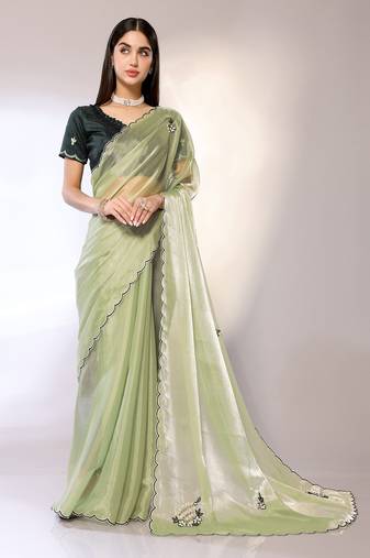 Green Embroidered Chiffon Designer Saree With Blouse