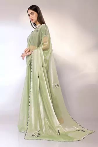 Green Embroidered Chiffon Designer Saree With Blouse