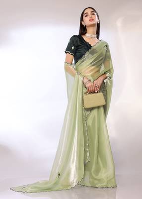 Green Embroidered Chiffon Designer Saree With Blouse 3