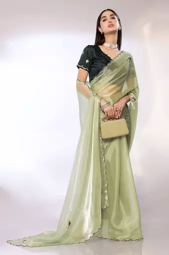 Green Embroidered Chiffon Designer Saree With Blouse