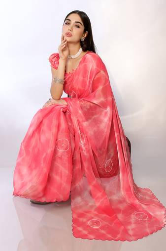 Pink Embroidered Chiffon Designer Saree With Blouse
