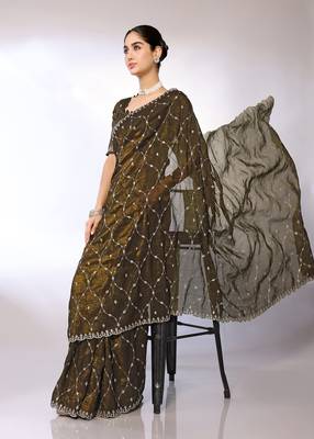 Olive Embroidered Tissue  Designer Saree With Blouse 1