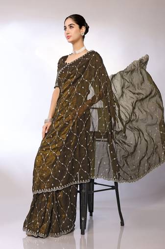 Olive Embroidered Tissue  Designer Saree With Blouse