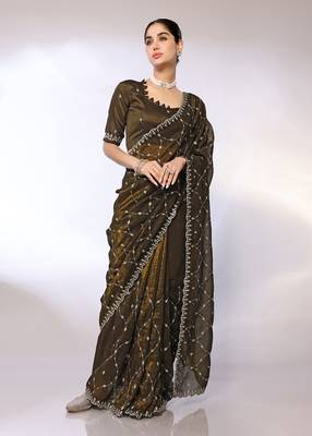 Olive Embroidered Tissue  Designer Saree With Blouse 2