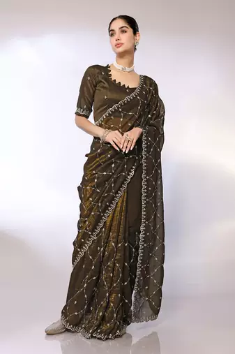 Olive Embroidered Tissue  Designer Saree With Blouse