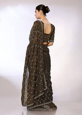 Olive Embroidered Tissue  Designer Saree With Blouse 3