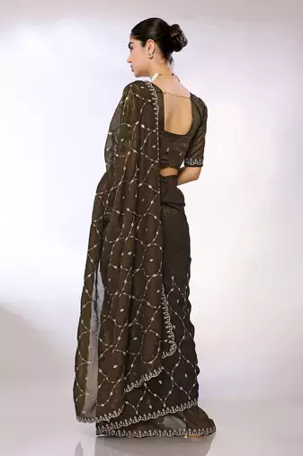 Olive Embroidered Tissue  Designer Saree With Blouse