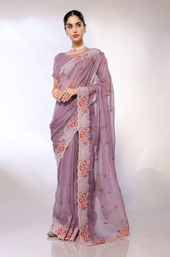 Lavender Embroidered Tissue  Designer Saree With Blouse