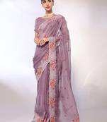 Lavender Embroidered Tissue  Designer Saree With Blouse
