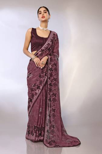 Mauve Embroidered Chiffon Designer Saree With Blouse
