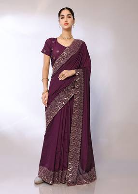 Purple Embroidered Poly Silk Designer Saree With Blouse 1