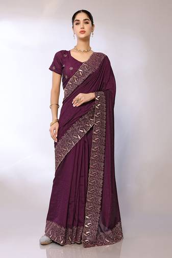 Purple Embroidered Poly Silk Designer Saree With Blouse