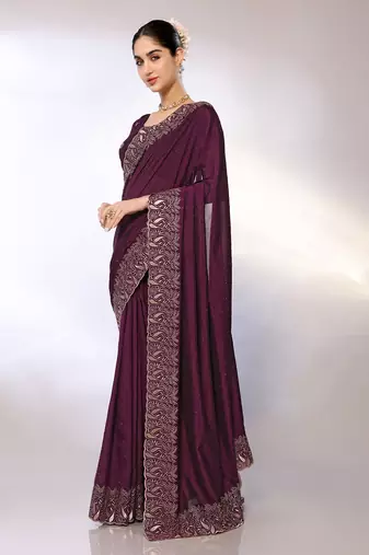 Purple Embroidered Poly Silk Designer Saree With Blouse