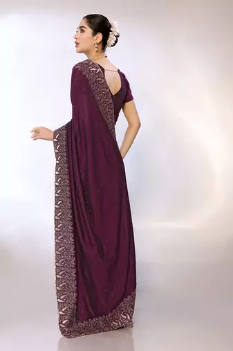 Purple Embroidered Poly Silk Designer Saree With Blouse