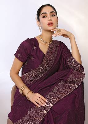 Purple Embroidered Poly Silk Designer Saree With Blouse 4